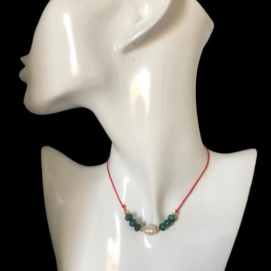 Red Thread Choker Necklace with Freshwater Pearl & Malachite Silver Chamber Jewellery Store