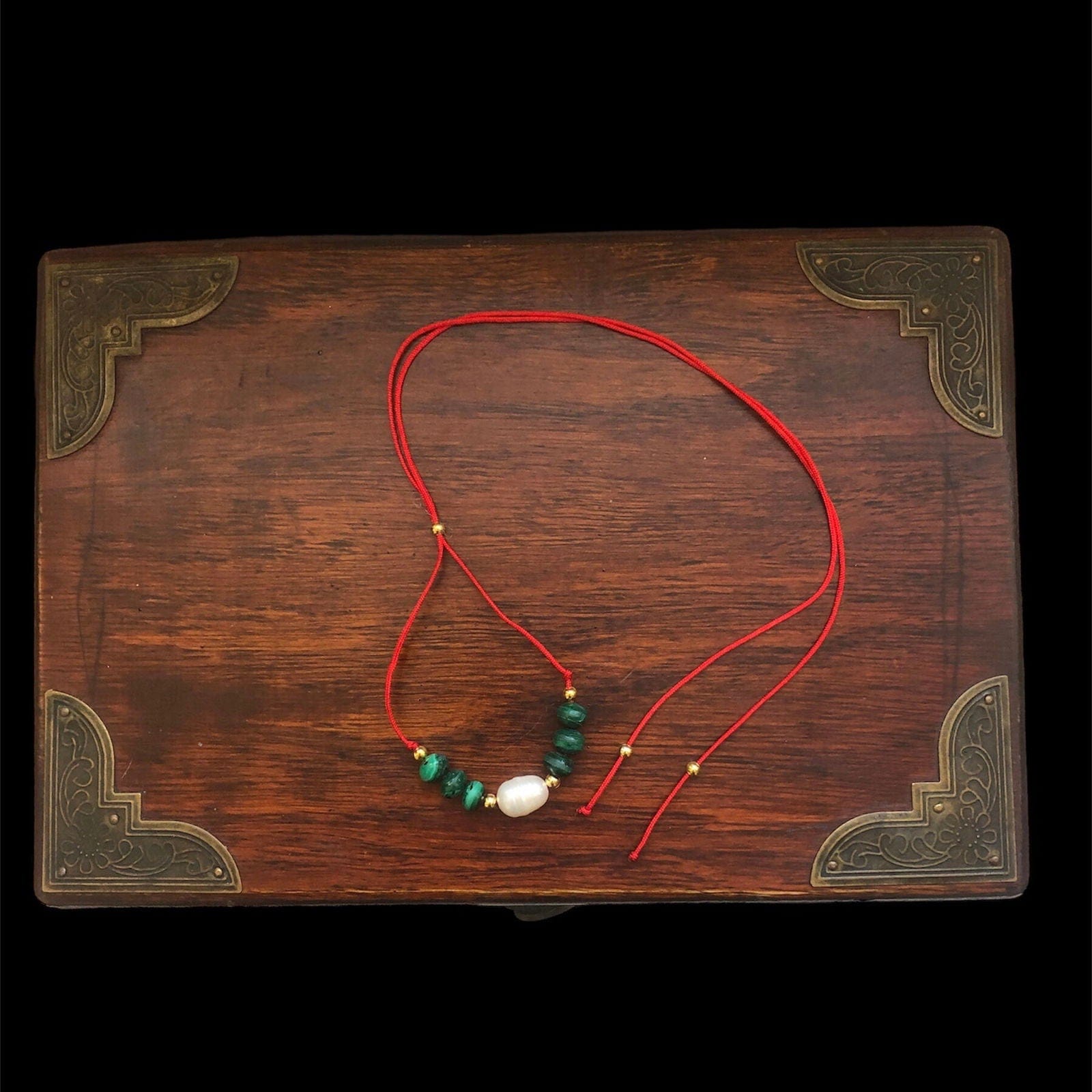 Red Thread Choker Necklace with Freshwater Pearl & Malachite Silver Chamber Jewellery Store