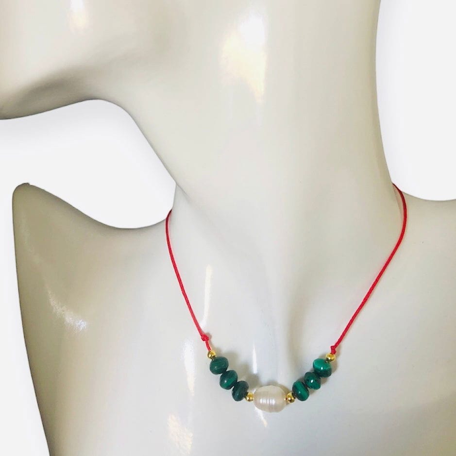 Red Thread Choker Necklace with Freshwater Pearl & Malachite Silver Chamber Jewellery Store