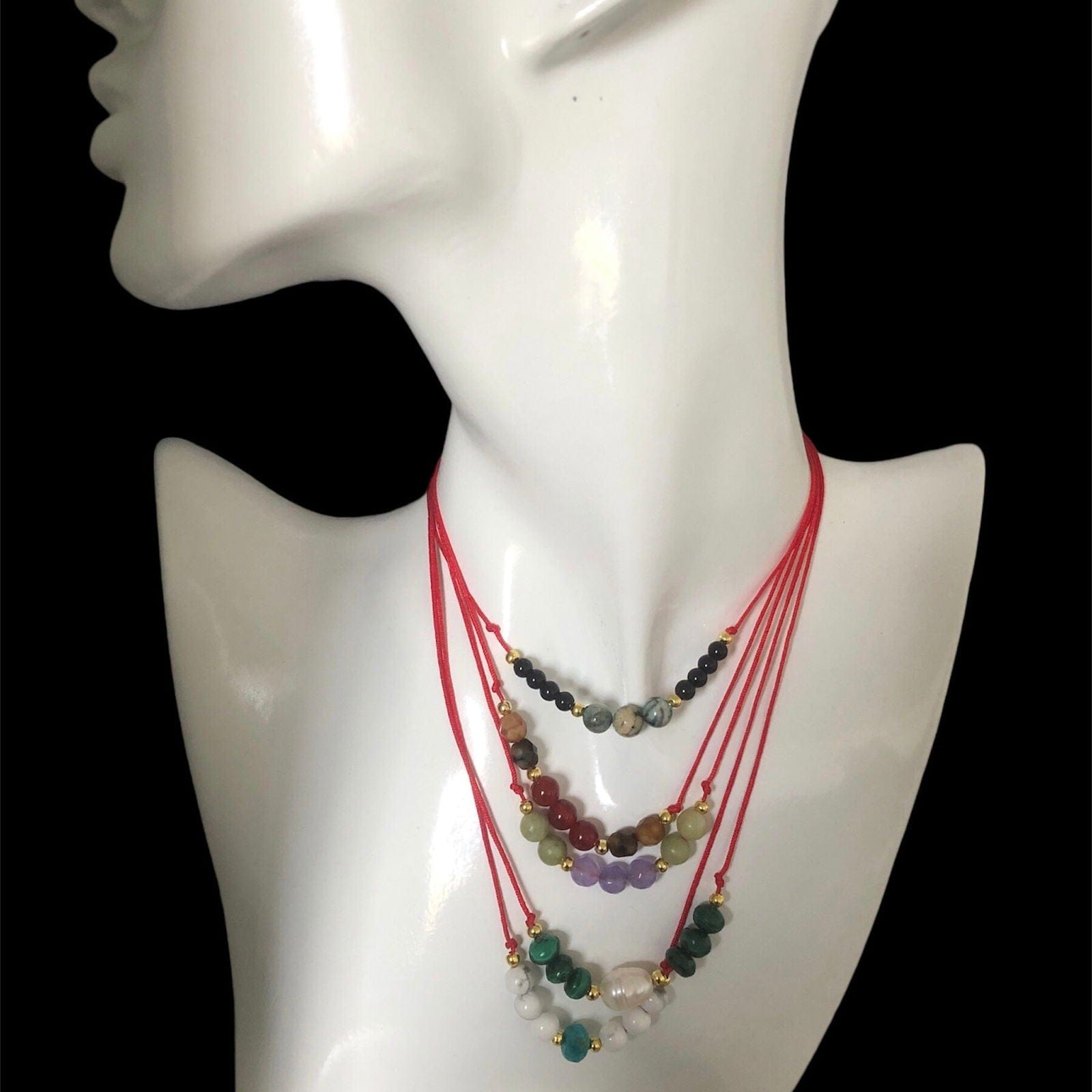 Red Thread Choker Necklace with Freshwater Pearl & Malachite Silver Chamber Jewellery Store