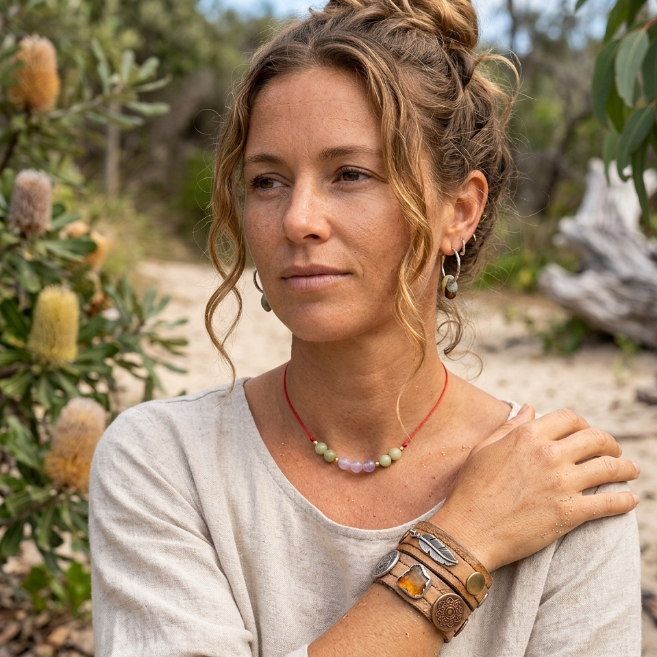 Red Thread Choker Necklace with Lavender & Green Jade - Silver Chamber Jewellery Store