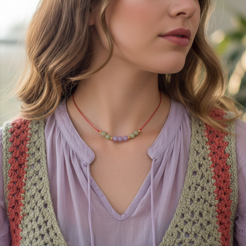 Red thread choker necklace with lavender and green jade