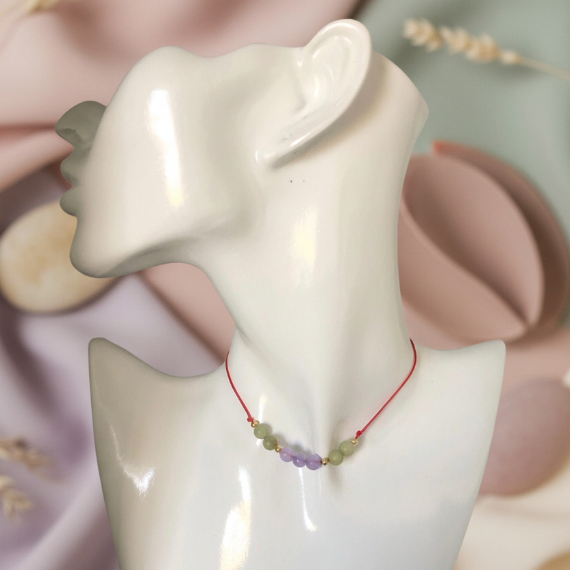 Red thread choker necklace with lavender and green jade