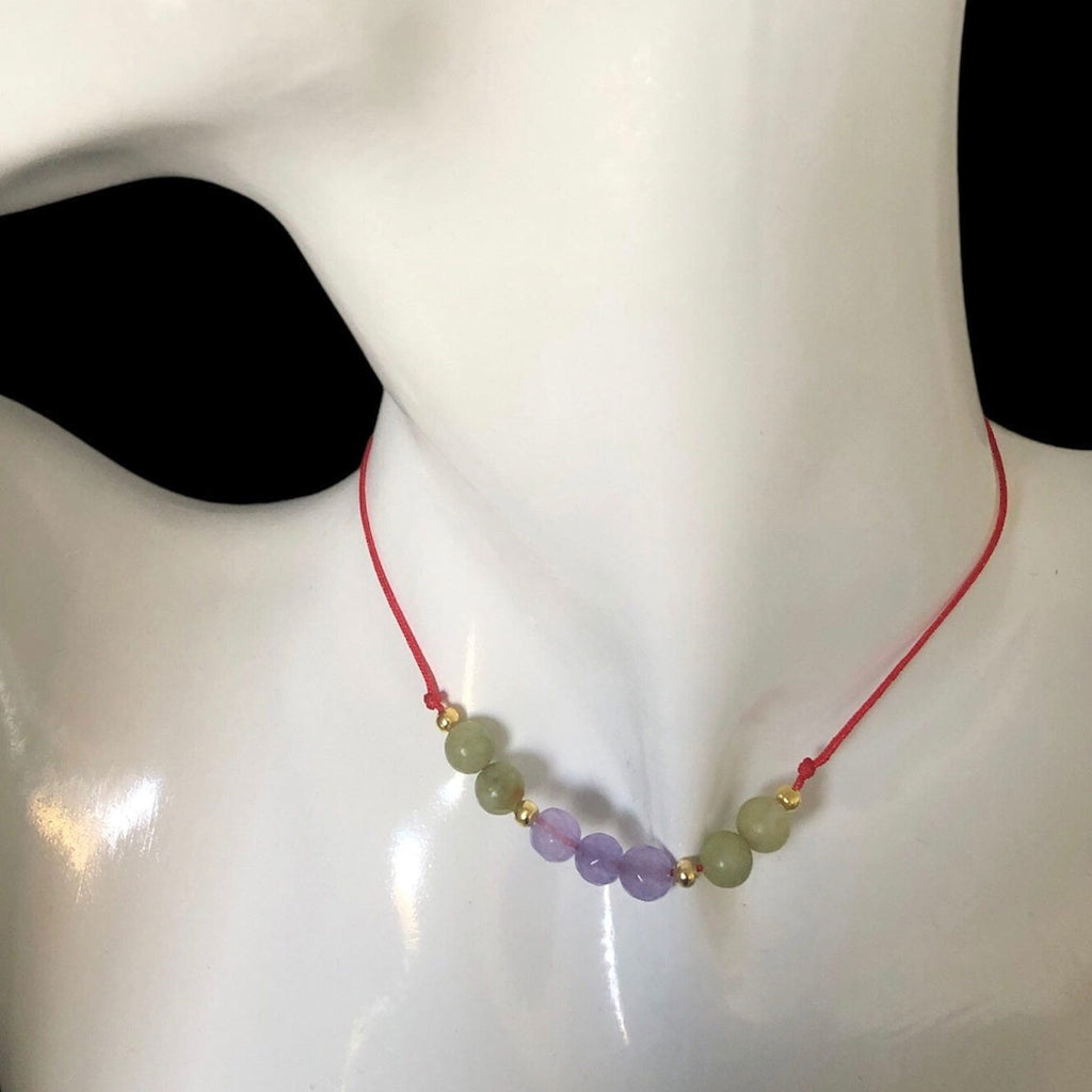 Red Thread Choker Necklace with Lavender & Green Jade Silver Chamber Jewellery Store