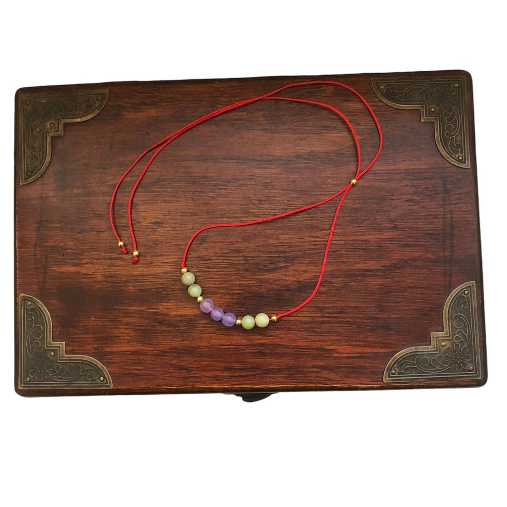 Red Thread Choker Necklace with Lavender & Green Jade Silver Chamber Jewellery Store