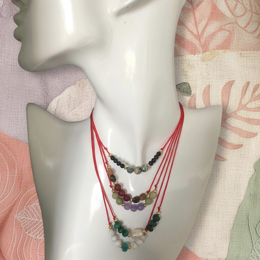 Red thread choker necklace with lavender and green jade