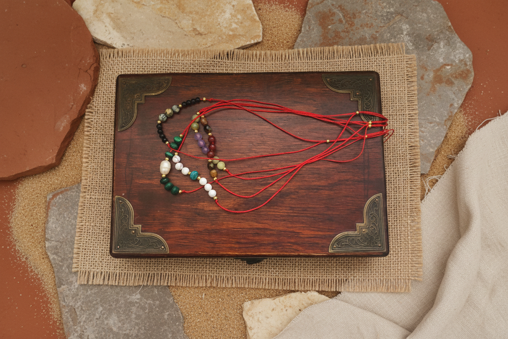 Red thread choker necklace with lavender and green jade