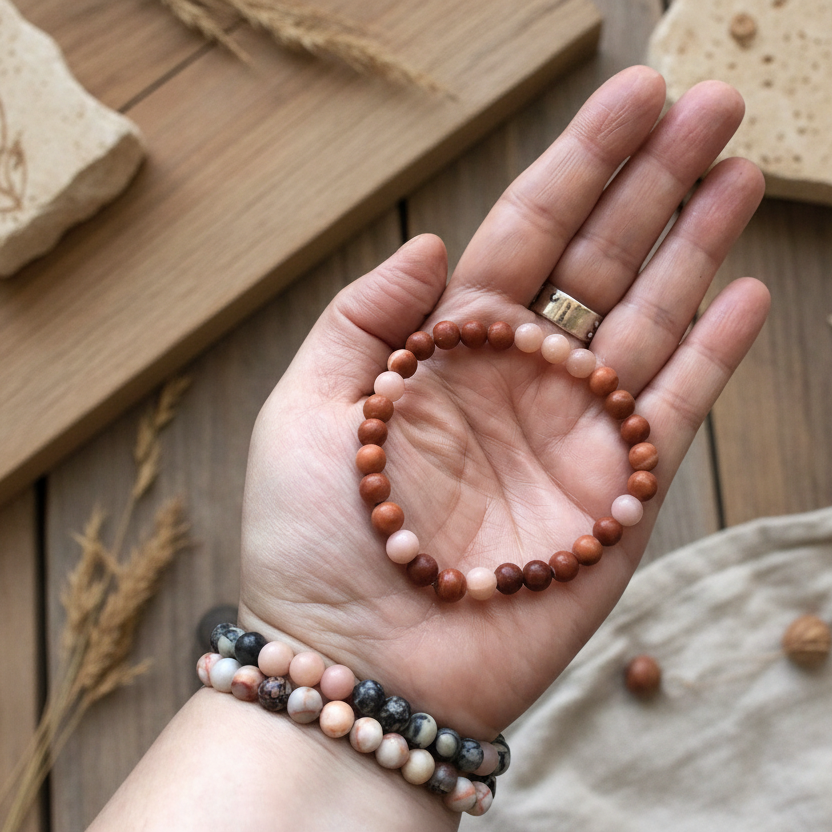 Redstone Agate and Pink Opal Beaded Bracelet