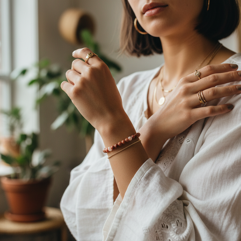 Redstone Agate and Pink Opal Beaded Bracelet