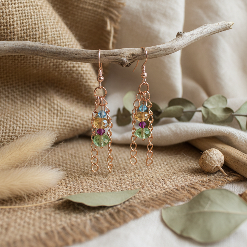 Rose Gold and Crystals Dangle Earrings