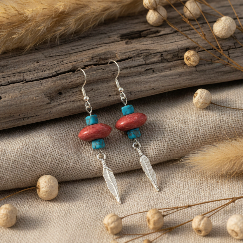 Silver Plated Dangle Earrings with Coral and Howlite