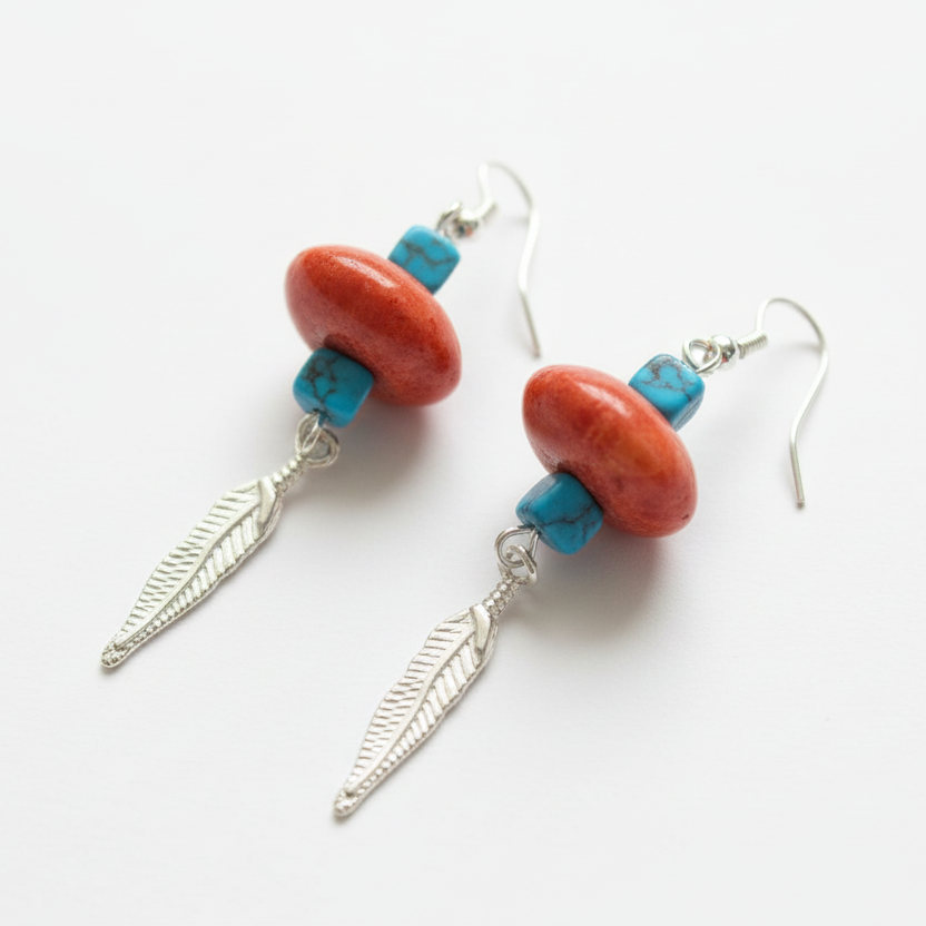 Silver Plated Dangle Earrings with Coral and Howlite