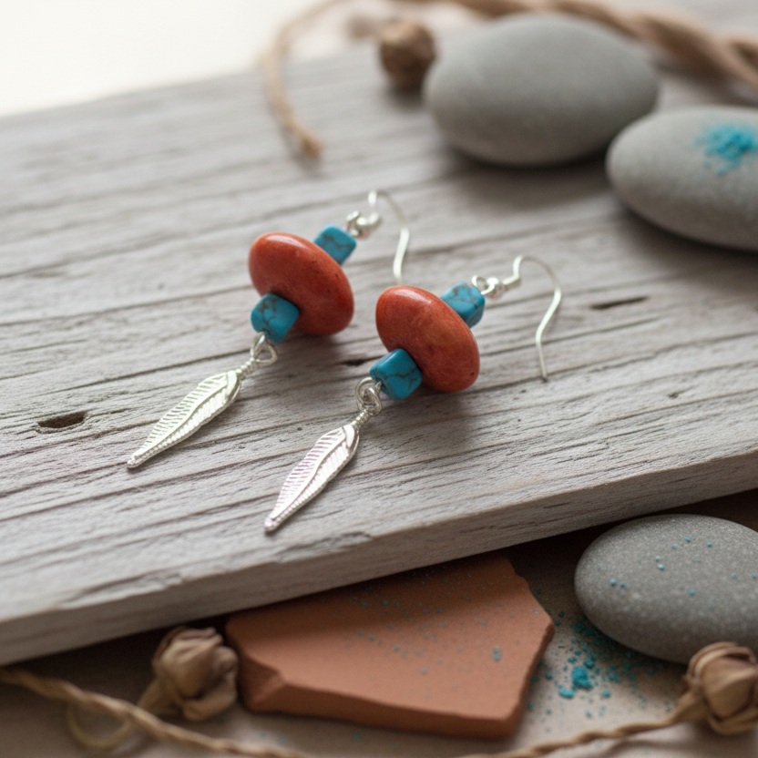 Silver Plated Dangle Earrings with Coral and Howlite