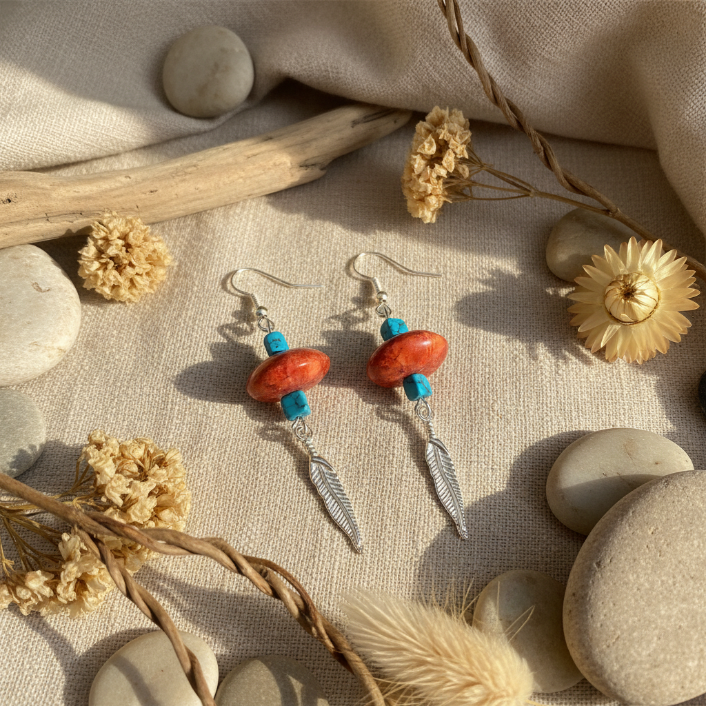 Silver Plated Dangle Earrings with Coral and Howlite
