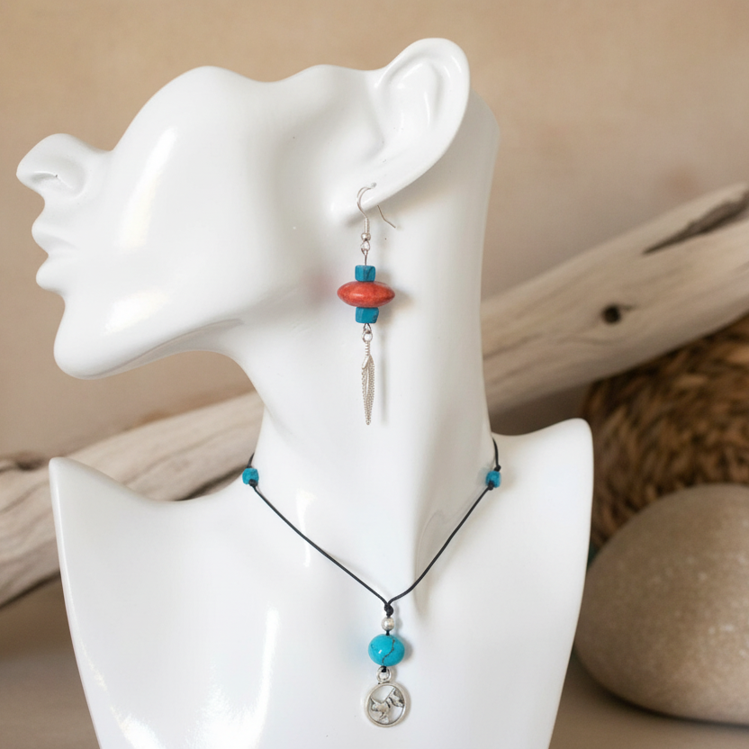 Silver Plated Dangle Earrings with Coral and Howlite