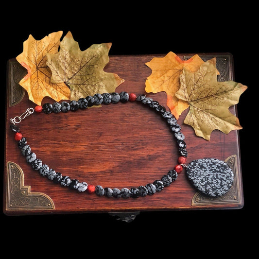 Snowflake Obsidian and Red Coral Beaded Choker Necklace Silver Chamber Jewellery Store