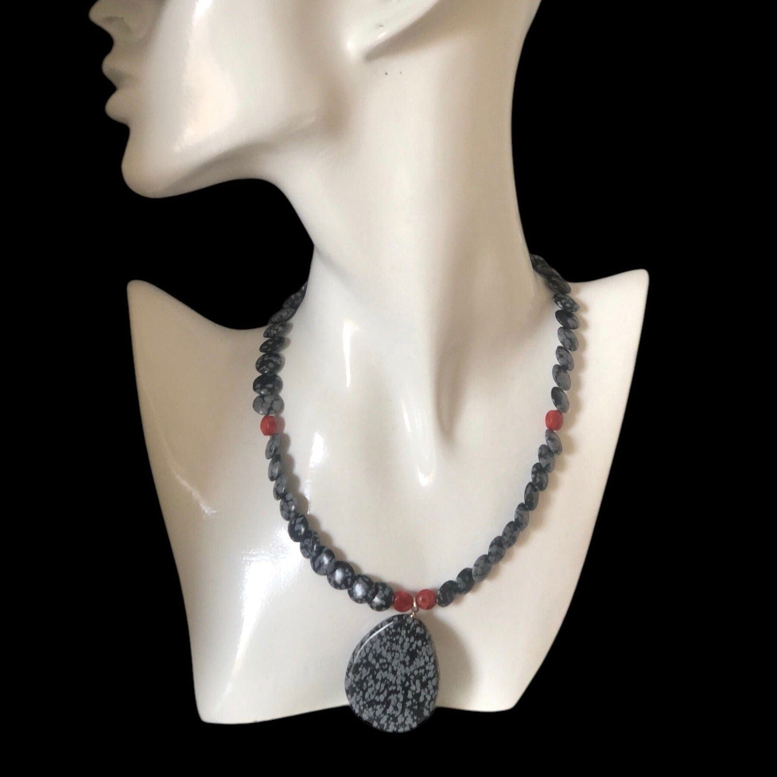 Snowflake Obsidian and Red Coral Beaded Choker Necklace Silver Chamber Jewellery Store