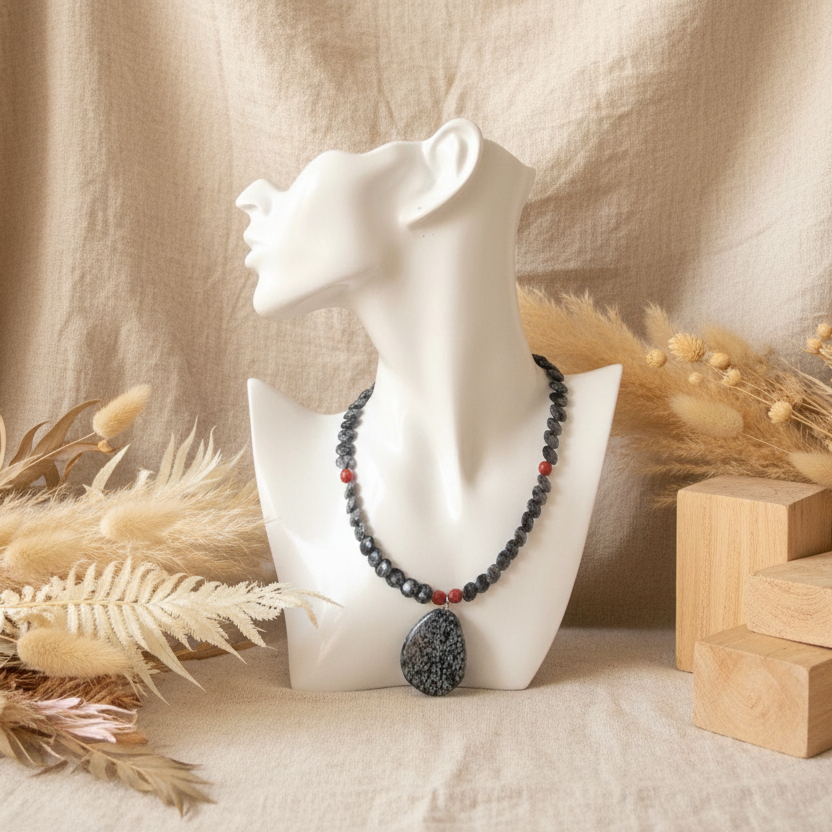 Snowflake Obsidian and Red Coral Beaded Choker Necklace