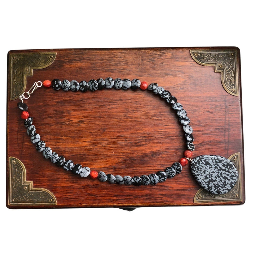 Snowflake Obsidian and Red Coral Beaded Choker Necklace Silver Chamber Jewellery Store