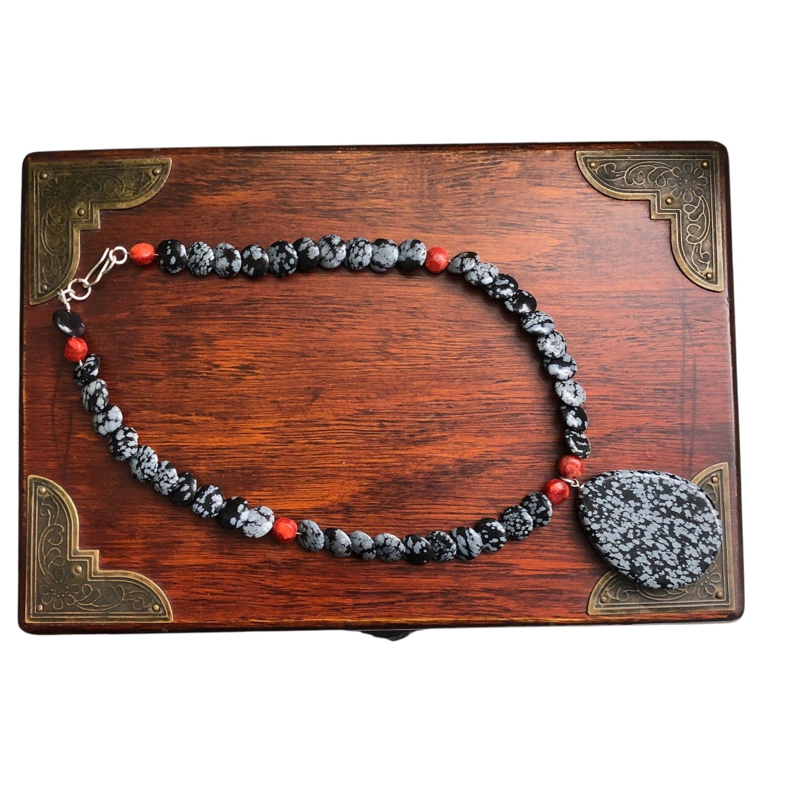 Snowflake Obsidian and Red Coral Beaded Choker Necklace Silver Chamber Jewellery Store