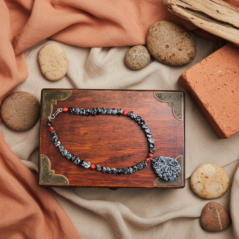 Snowflake Obsidian and Red Coral Beaded Choker Necklace