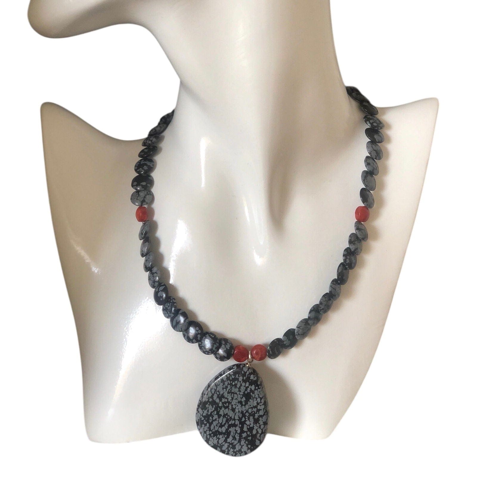 Snowflake Obsidian and Red Coral Beaded Choker Necklace Silver Chamber Jewellery Store