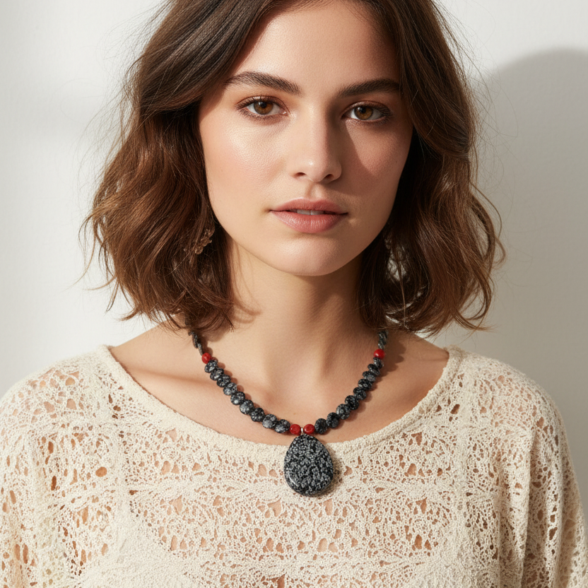 Snowflake Obsidian and Red Coral Beaded Choker Necklace