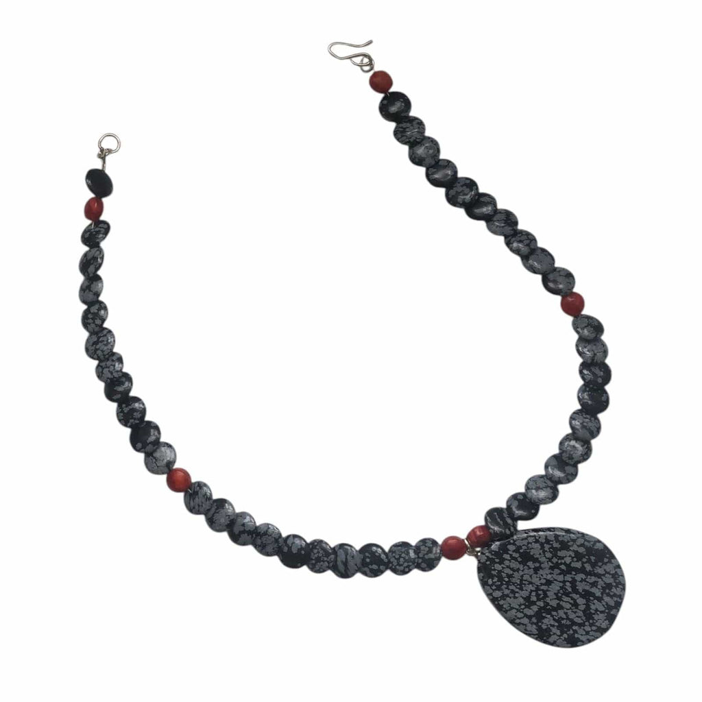 Snowflake Obsidian and Red Coral Beaded Choker Necklace Silver Chamber Jewellery Store
