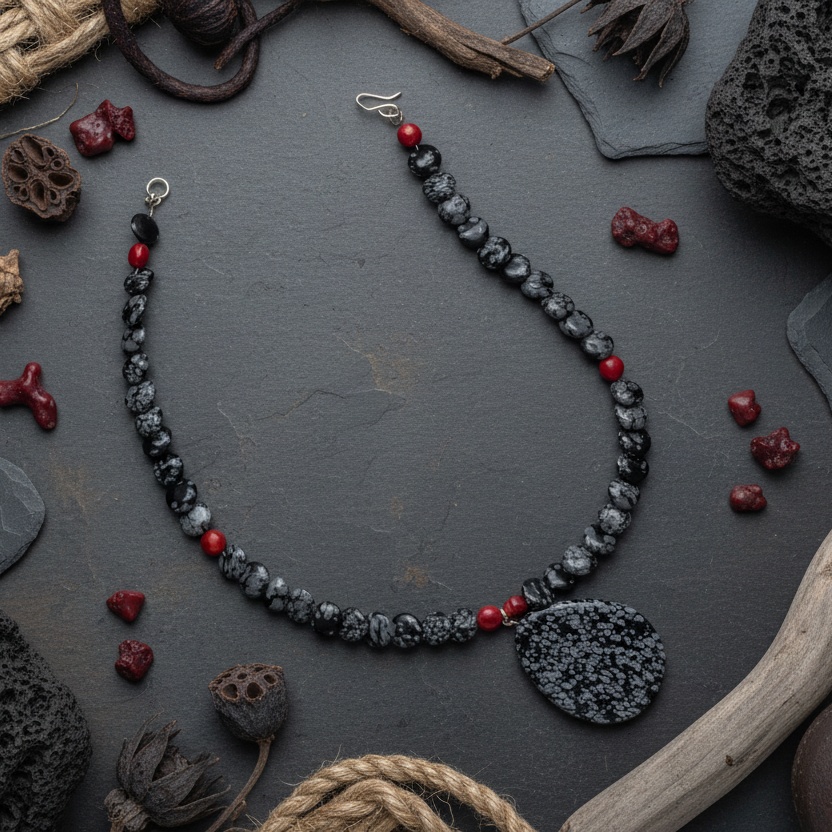 Snowflake Obsidian and Red Coral Beaded Choker Necklace