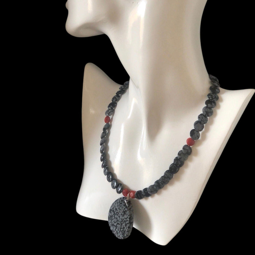 Snowflake Obsidian and Red Coral Beaded Choker Necklace Silver Chamber Jewellery Store