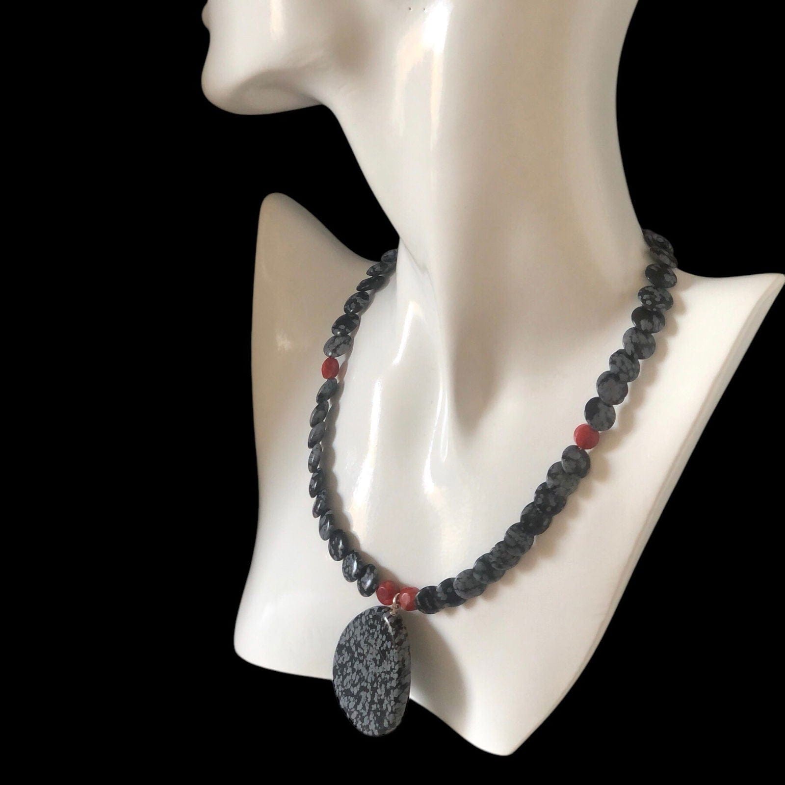 Snowflake Obsidian and Red Coral Beaded Choker Necklace Silver Chamber Jewellery Store