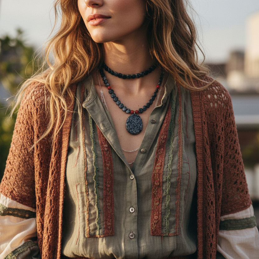Snowflake Obsidian and Red Coral Beaded Choker Necklace
