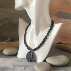 Snowflake Obsidian and Red Coral Beaded Choker Necklace
