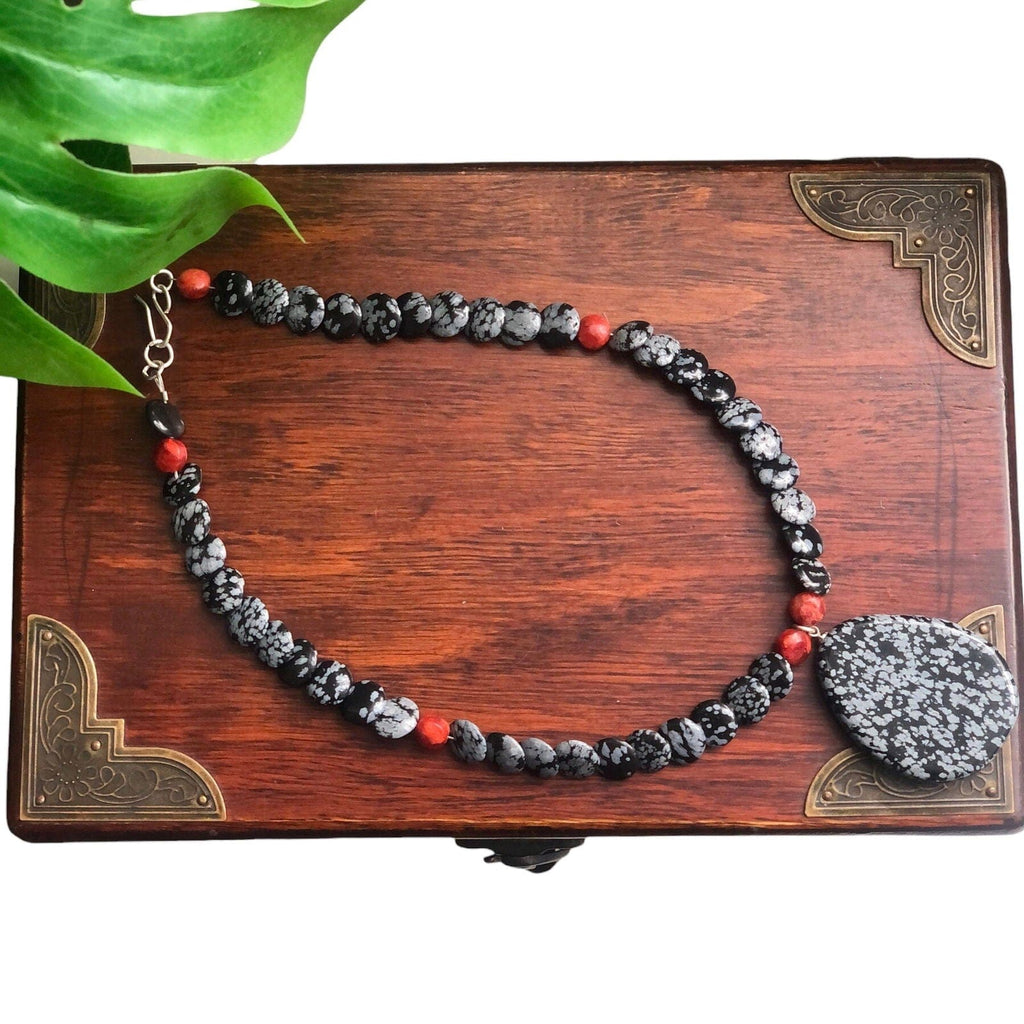 Snowflake Obsidian and Red Coral Beaded Choker Necklace Silver Chamber Jewellery Store