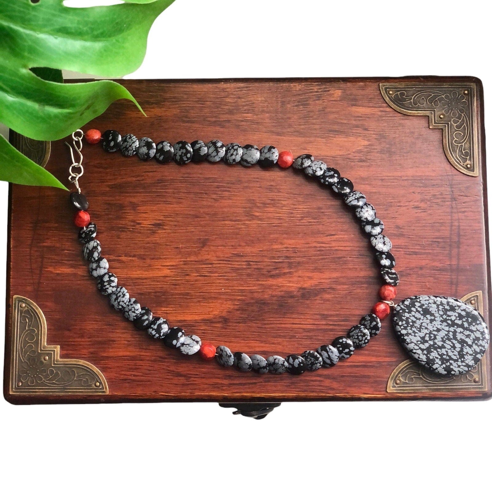 Snowflake Obsidian and Red Coral Beaded Choker Necklace Silver Chamber Jewellery Store