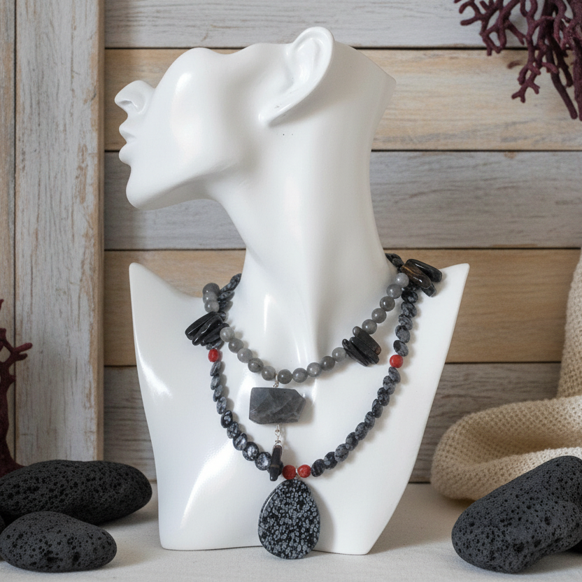 Snowflake Obsidian and Red Coral Beaded Choker Necklace