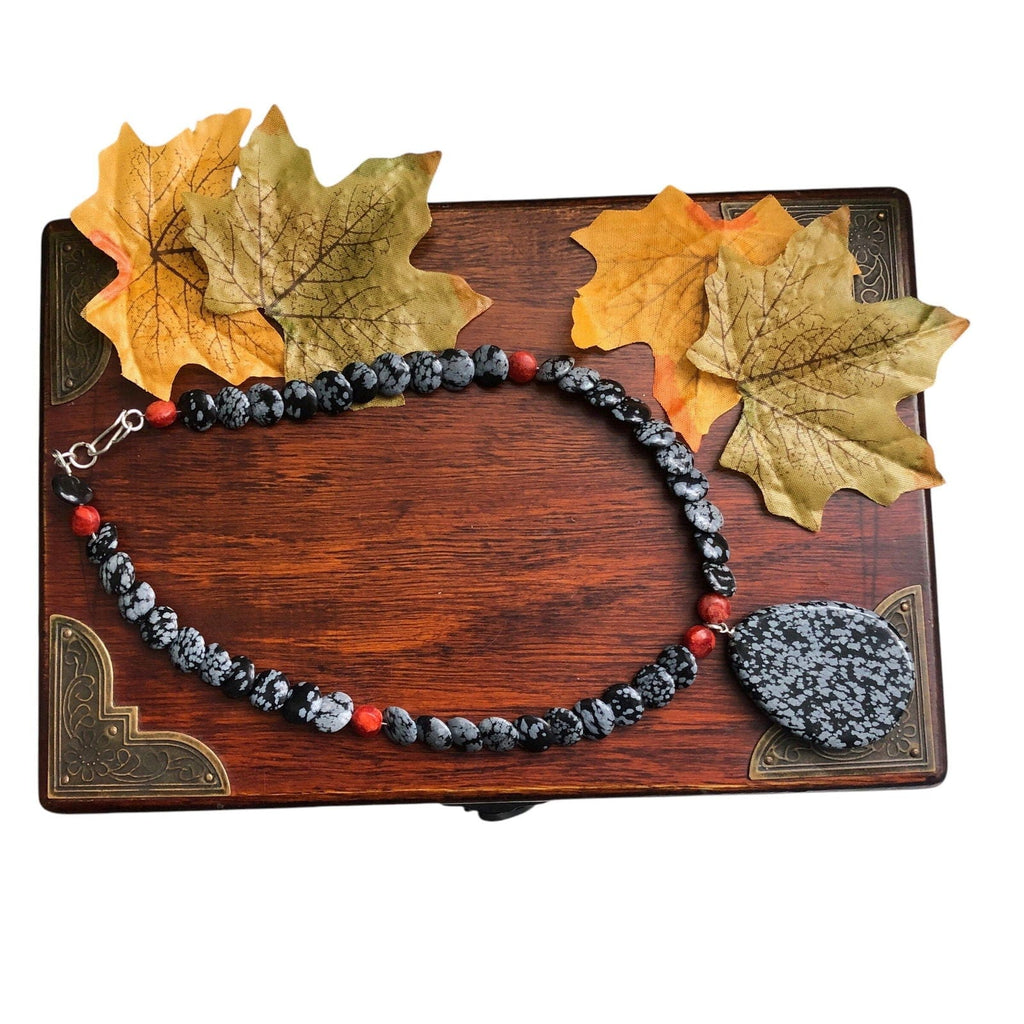 Snowflake Obsidian and Red Coral Beaded Choker Necklace Silver Chamber Jewellery Store