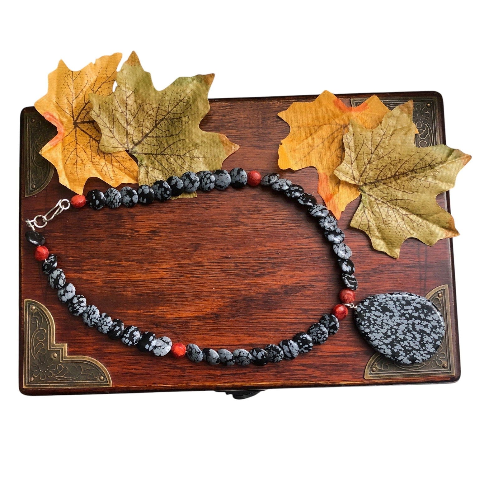 Snowflake Obsidian and Red Coral Beaded Choker Necklace Silver Chamber Jewellery Store