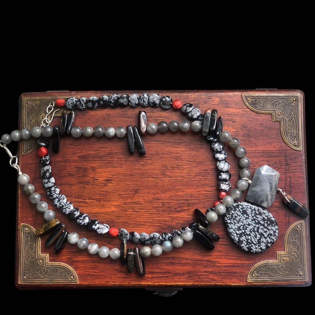 Snowflake Obsidian and Red Coral Beaded Choker Necklace Silver Chamber Jewellery Store