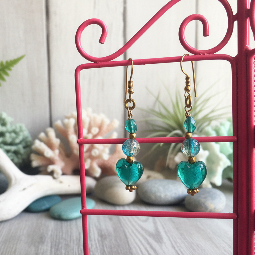 Turquoise Glass Hearts Dangle Earrings