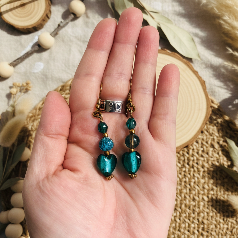 Turquoise Glass Hearts Dangle Earrings