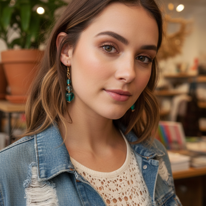 Turquoise Glass Hearts Dangle Earrings