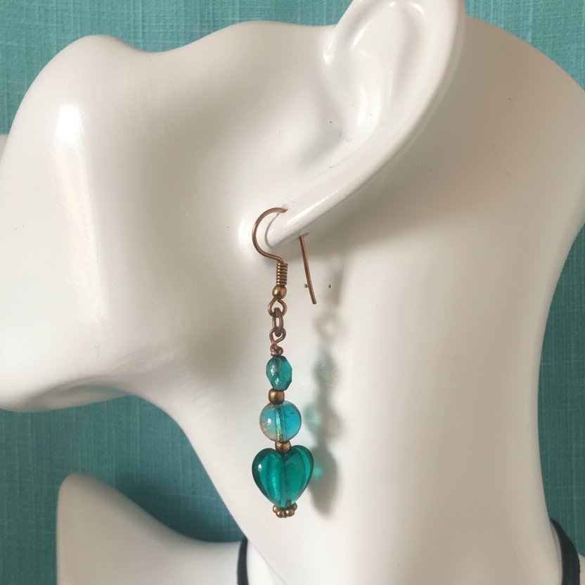 Turquoise Glass Hearts Dangle Earrings