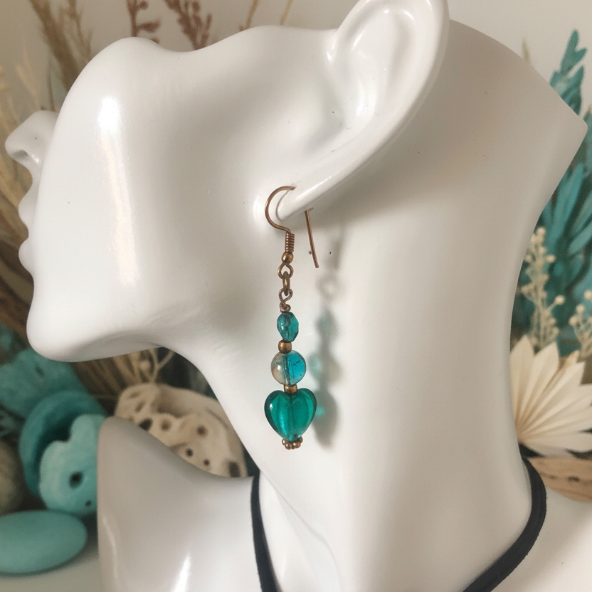 Turquoise Glass Hearts Dangle Earrings - Handmade, One-of-A-Kind - Silver Chamber Jewellery Store