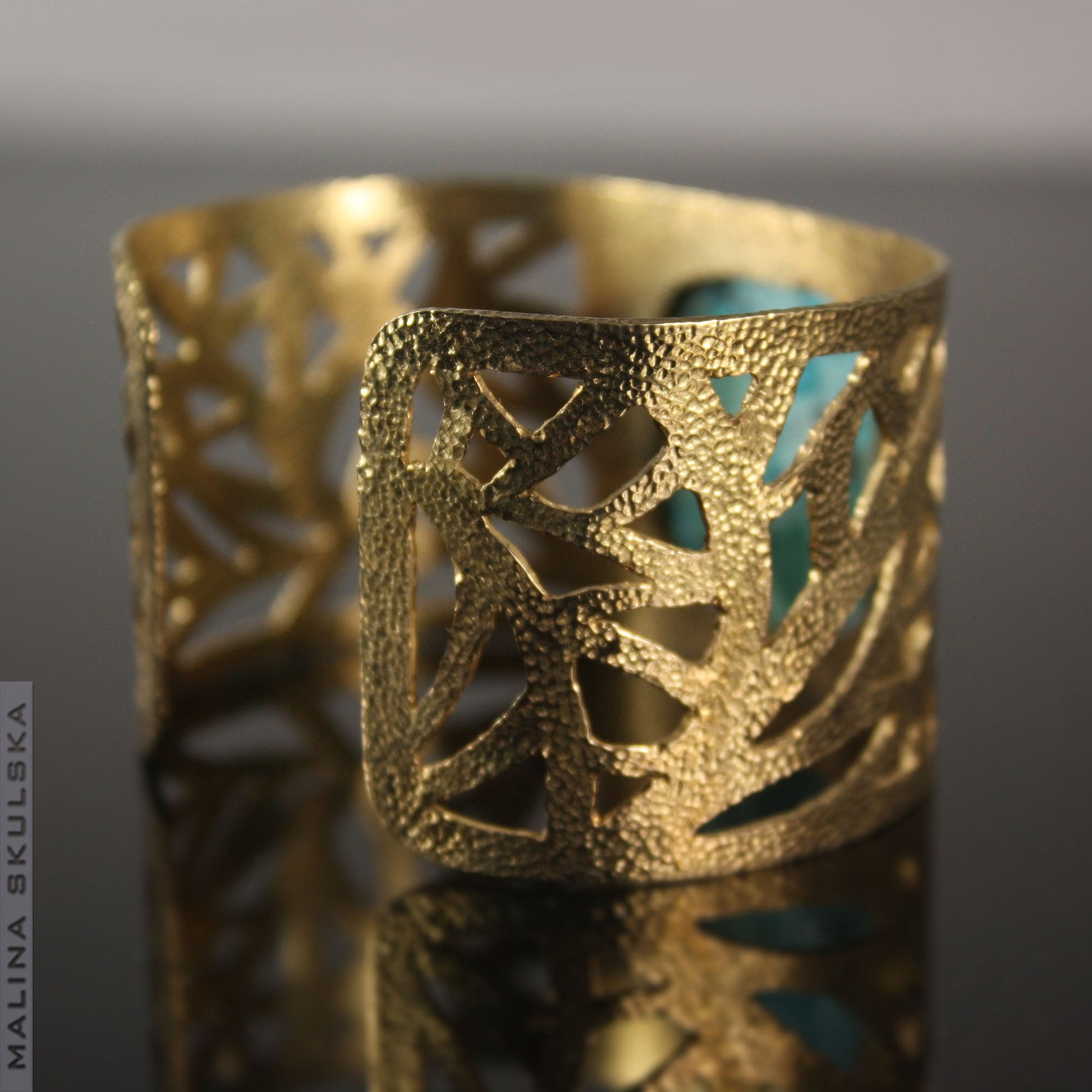 Openwork Gold-plated Cuff Bracelet with Malachite MALINA SKULSKA