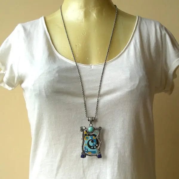 Cat Silver Enamelled Pendant Necklace With Stones BLITZ