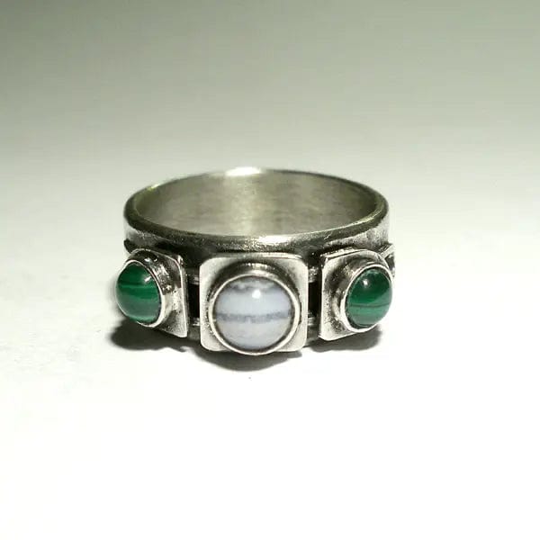 Chalcedony and Malachite Silver Band Ring BLITZ