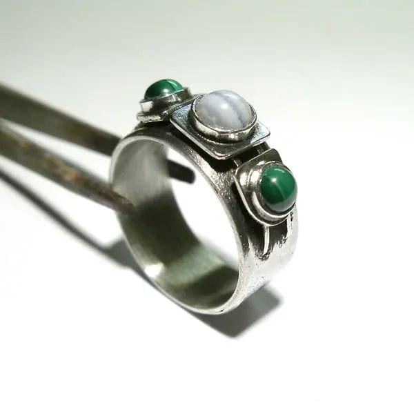 Chalcedony and Malachite Silver Band Ring BLITZ