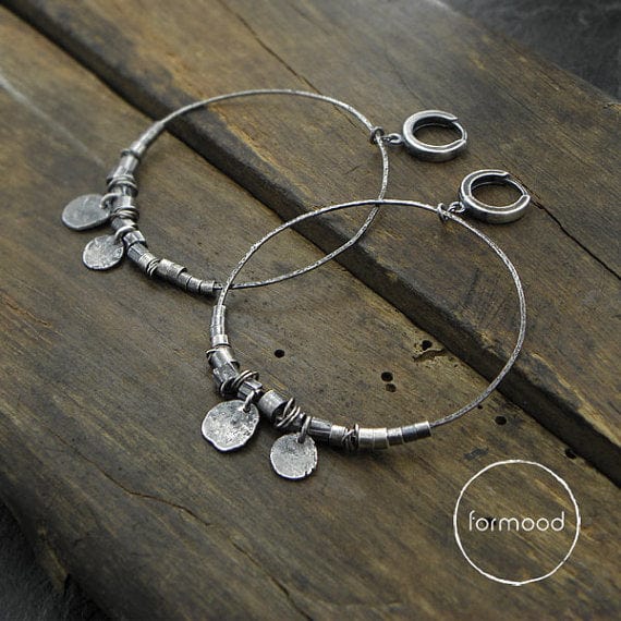 Raw Sterling Silver Hoop Earrings With Coins FORMOOD