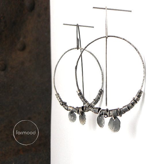 Raw Sterling Silver Hoop Earrings With Coins FORMOOD